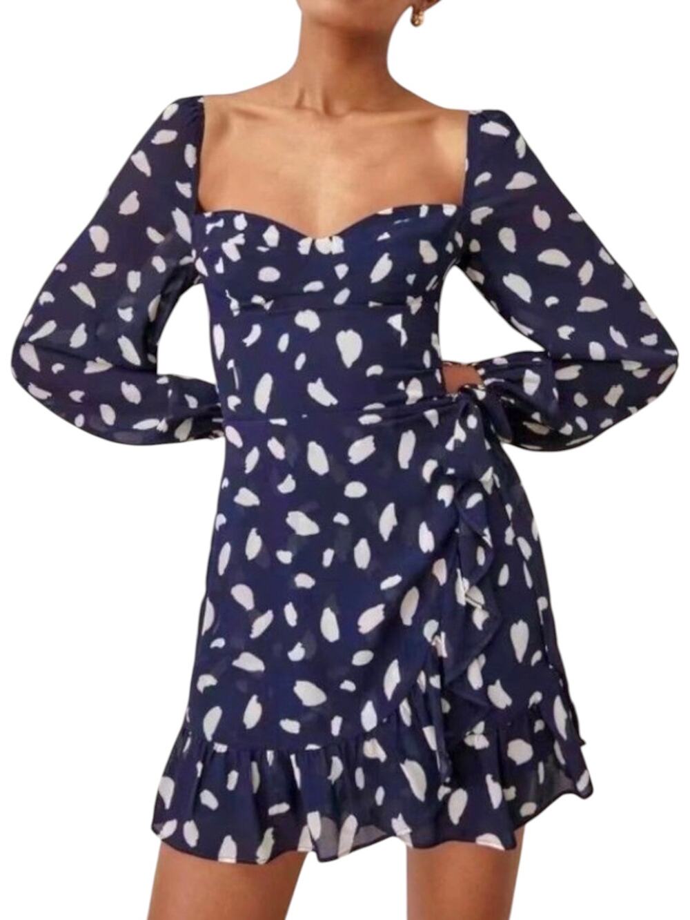 kourt Splatter Print Mini Dress Women’s 4 Navy White Sweetheart Neck Ruffle NEW